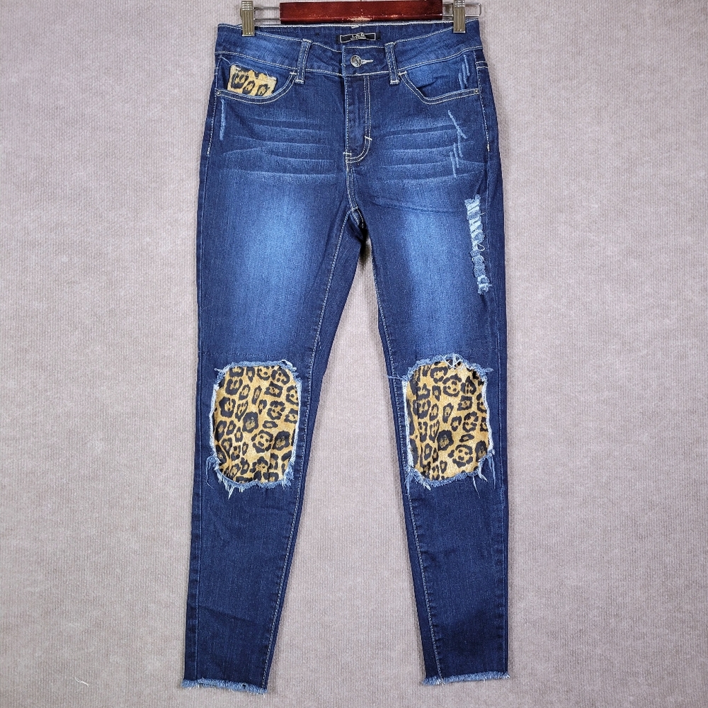 L&B Jeans Womens 8 Skinny Dark Wash Leopard Patch Blue Jeans